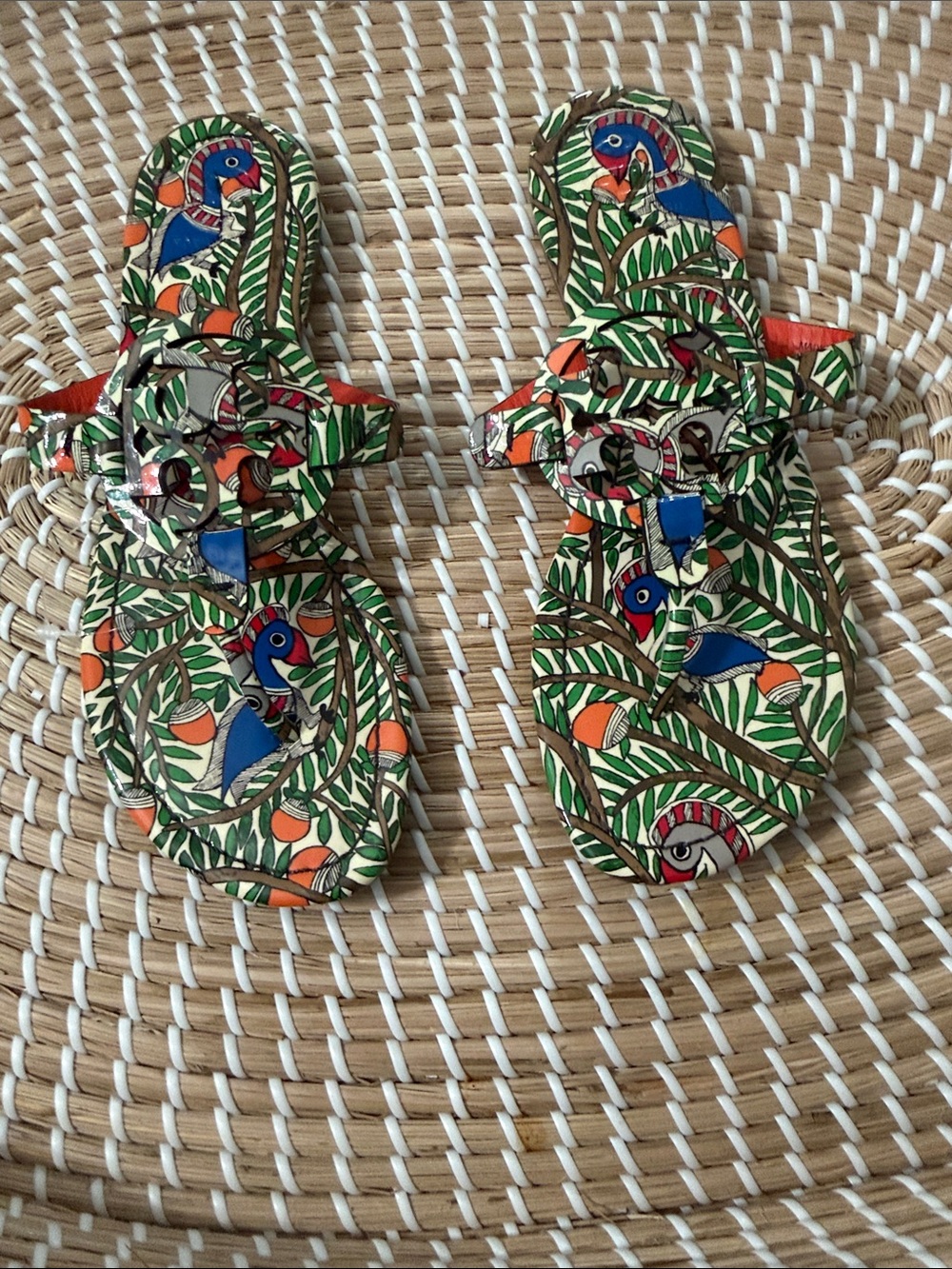 Tory Burch Multicolor Leaf & Parrot Print Slide Sandals - Green, Blue, Orange